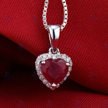 Gift 2CT Heart Cut Lab-Created Ruby Halo Pendant with Cable Chain in 925 Silver - £71.09 GBP