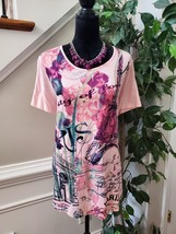 Roaman&#39;s Women Pink Paris Round Neck Graphic Tee Shirt Top Blouse Size Large - £23.98 GBP