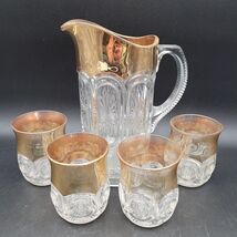 RARE U S Glass Star In Bull's Eye Gold Trim Pitcher With 4 Tumblers c.19... - $94.04