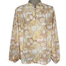 Vintage Nikki 1/4 Button Long Sleeve Blouse Yellow Neutral Floral 70s Disco M - £19.10 GBP