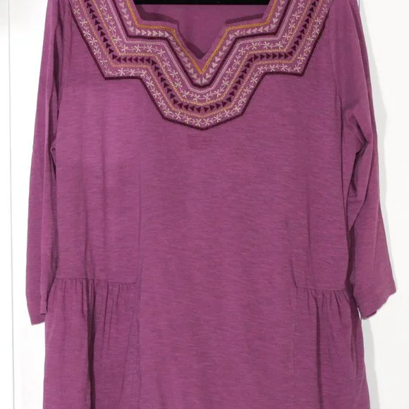 LOGO by Lori Goldstein Womens Top Cotton Slub Embroidered Neck Boho Purp... - $12.88