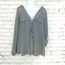 Active USA Blouse Womens Large Black White Striped Roll Tab Sleeve V Neck 90&#39;s - £15.79 GBP