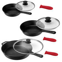 MegaChef Pre-Seasoned 9 Piece Cast Iron Skillet Set with Lids and Red Silicone  - £83.73 GBP