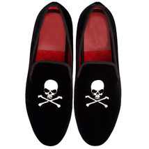 Men Black Velvet Loafer Slippers Scull And Cross Bones Embroidery Shoes US 7-16 - £110.26 GBP