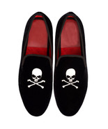 Men Black Velvet Loafer Slippers Scull And Cross Bones Embroidery Shoes ... - £107.63 GBP