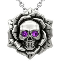 Skull Rose February Purple Birthstone Necklace With Crystals 17&quot; - 19&quot; inches - £65.27 GBP