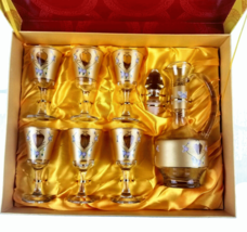 Vintage Wine Glass Set of 6 w/ Decanter Clear Golden Frosted Gift Box Gu... - $67.97