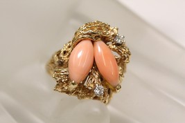 Vintage 14K Yellow Gold Double Marquise Coral Diamond Nugget Free Form Ring SZ 8 - £457.72 GBP
