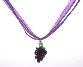 Necklace Purple Glass Grape Bead Green Leaves Glass Bead Purple Ribbon Cord - £11.79 GBP