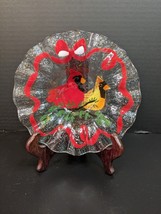 Fused Glass Ruffled Bowl Cardinals Birds Signed Winter Holiday Winter - $23.38