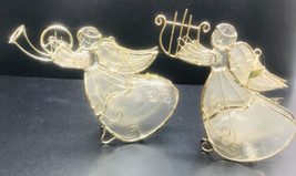 Two Gold Wire, Mica Ornament Angel 5 inches Christmas Horns and Harp Hanging VTG - £13.66 GBP