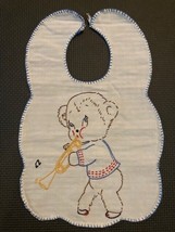 Vintage Cute Cotton Baby Bib Hand Embroidered Bear with Trumpet - £7.35 GBP