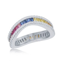 Sterling Silver Rainbow Baguette CZ with Clear CZ Border Wavy Ring - £44.04 GBP