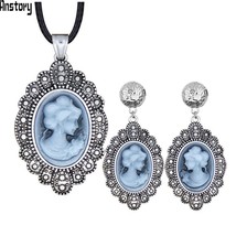 Oval Lady Queen Cameo Jewelry Sets Leaf Pendant Necklace Stud Earrings Vintage L - £10.41 GBP