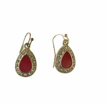 Dangle Drop Red Enamel And Rhinestone Earrings Tear Drop Shaped Sparkle - £6.32 GBP
