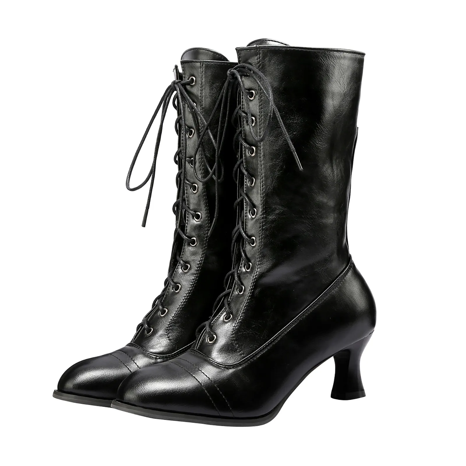 Vintage Retro Boots For Women  Up Thick High Heel Solid Colors Pu Leather Casual - £199.57 GBP