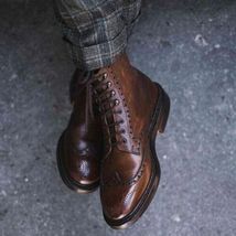 Handmade Men&#39;s Brown wingtip brogue leather dress boots, Men brown ankle boots - £127.88 GBP