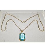 VINTAGE KREMENTZ AQUAMARINE GLASS PENDANT NECKLACE w/ OPEN LINK GOLD-TON... - $68.31