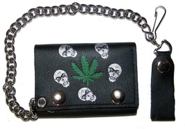 Marijuana Pot Leaf With Skulls Trifold Biker Wallet W Chain Mens Leather #615 - £7.55 GBP