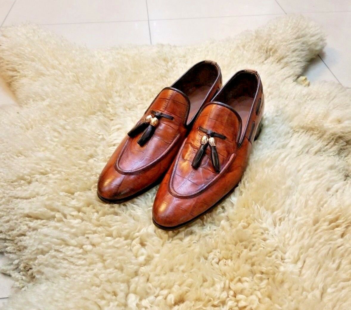 Handmade Formal Tan Crocodile Print Moccasins,Men Tassels Slip ons Men Loafers 2