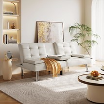 White Faux Leather Futon Sleeper Sofa Bed: Modern Recliner Couch with Cu... - $266.95 CAD