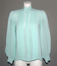 VTG Marlis Pleated Front &amp; Collar L/S Classic Aqua Puffy Sleeves Blouse Wm&#39;s 8 - £18.85 GBP