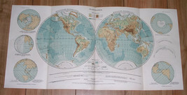 1901 Antique Map Of The World Globes Hemispheres America Africa Asia Europe - £27.51 GBP