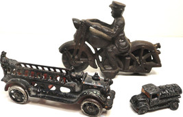 Cast Iron Motorcycle w/ Cop Rider  Fire Truck Gasoline Tanker Lot of 3 Toys B421 - £99.55 GBP