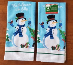 Christmas Kitchen Linen Set 5pc Towels Mitt Pot Holders Snowman Blue Holiday image 2