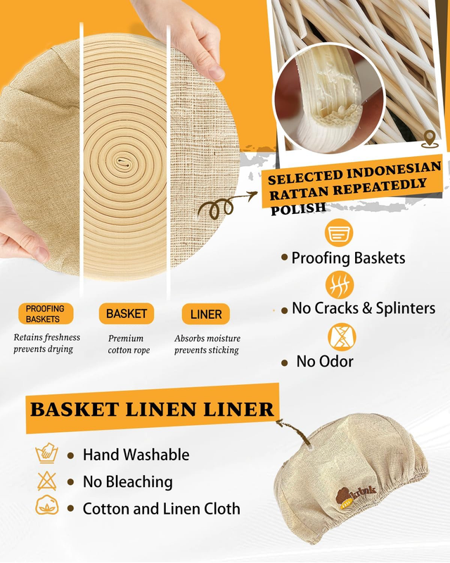 Banneton Bread Proofing Basket Set, Sourdough Starter Kit, 9" round & 10" Oval B Item image 3