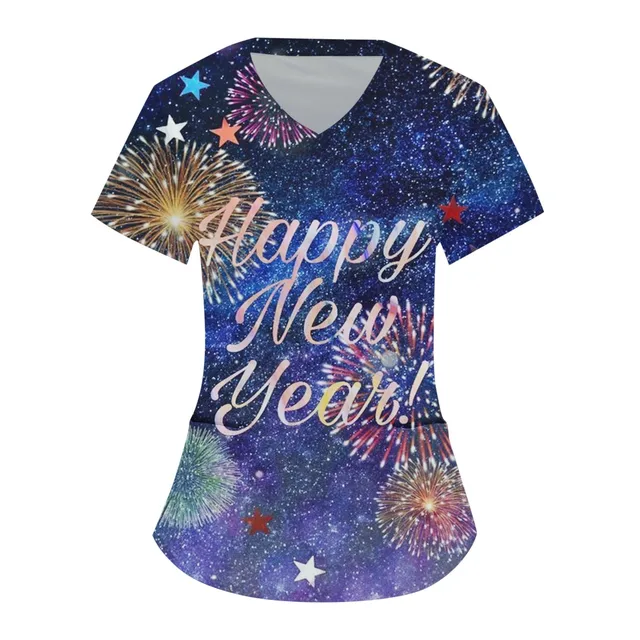 Nurse Uniform V Neck New Year Print Blouse Scrub Top c-Blue XL United St... - $23.99