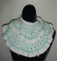 Hand Crochet Aqua-White Ruffled Scarf 5 x 52 NEW - $12.19