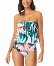 Anne Cole Blouson One Piece Swimsuit Tropical Green Size 6 Slimming Bandeau New - £47.55 GBP