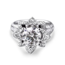 Lotus Engagement Ring 3.20Ct Round Simulated Diamond Solid 14K White Gold Size 8 - £208.41 GBP