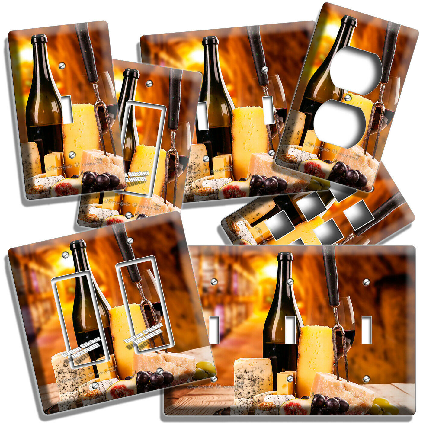 WINE CELLAR BOTTLE RED GRAPES CHEESE FRUITS LIGHT SWITCH OUTLET WALL PLATE DECOR