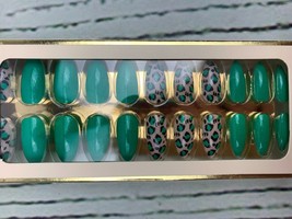 Green Leopard Press on Nails Medium Coffin Sexy Acrylic - $16.14