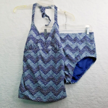 Old Navy Swimsuit Tankini Halter Top 2X Bottom Large Blue Stripe Check S... - $8.79