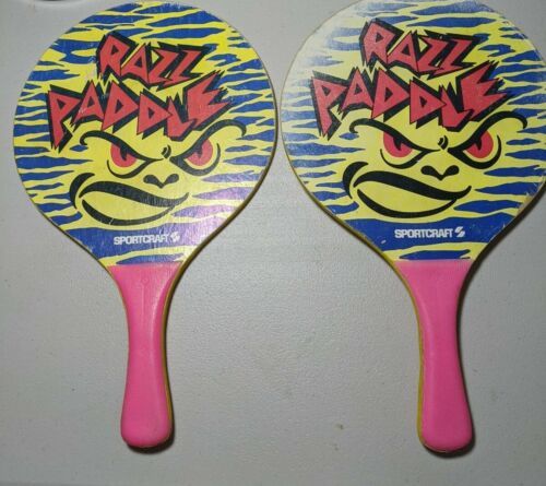 Pair of Sportcraft RAZZ PADDLE Racket Ball 16&quot; Yellow Wood VINTAGE WORN - $10.71
