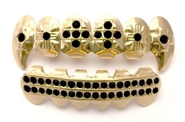 14K Gold Plated Mouth Teeth Grills Grillz Black Onyx CZ Fangs Set w Mold Kit - £7.89 GBP