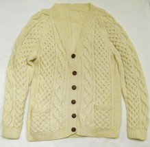 HAND KNIT Women&#39;s 100% Wool Cardigan SWEATER V Neck Button Up Ivory M - $64.95