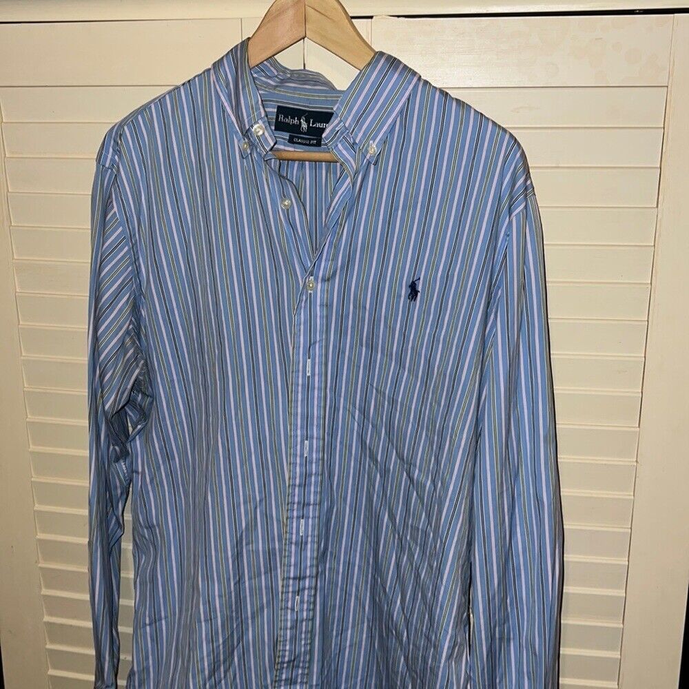 Primary image for Ralph Lauren, classic fit pink & blue striped long sleeve button down shirt