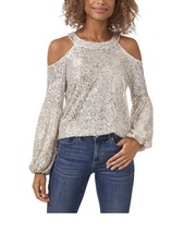 CeCe Women&#39;s Cold Shoulder Long Sleeve Sequin Blouse Champagne XL NWT - £49.24 GBP