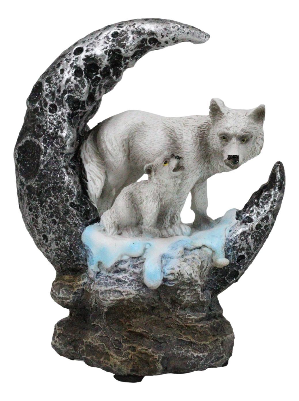 Winter Snow White Wolf With Pup Cub By Snowy Crater Crescent Moon Figurine - $17.99
