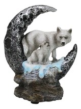 Winter Snow White Wolf With Pup Cub By Snowy Crater Crescent Moon Figurine - £14.33 GBP