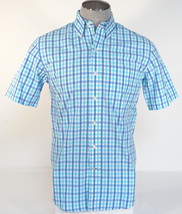 Izod Poplin Blue Plaid Short Sleeve Button Front 100% Cotton Shirt Mens NWT - $59.99