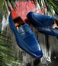 Handmade Men&#39;s Leather Blue Color Moccasin Loafer Slip Ons Apron Toe Shoes-961 - £151.86 GBP