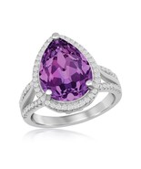 Silver CZ and 14x10mm Pearshaped Amethyst Austrian Element Halo Ring - £93.53 GBP