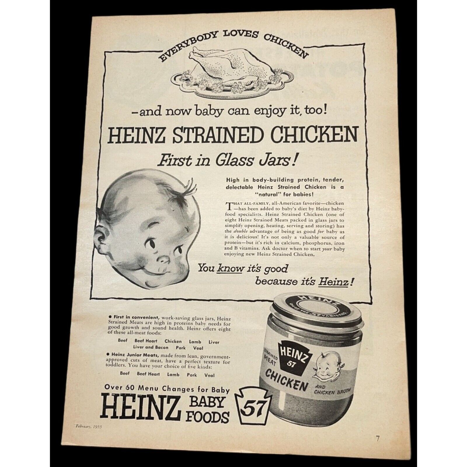 Heinz 57 Baby Food Vintage Print Ad 1955 Strained Chicken Kitchen Decor - $11.95