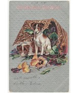 Vintage Postcard Jack Russell Terrier Dogs Wicker Hamper Flowers Embossed - £7.00 GBP