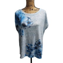 Nicole Miller New York Floral Watercolor Print Gray T-Shirt Blue Flowers Top XL - $14.84